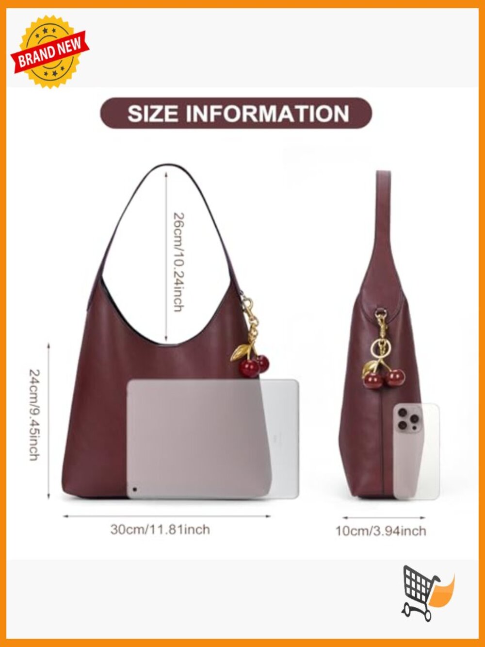 Faux Suede Hobo Bag Vegan Leather Shoulder Tote with Charm Slouchy Handbag - Picture 6 of 6